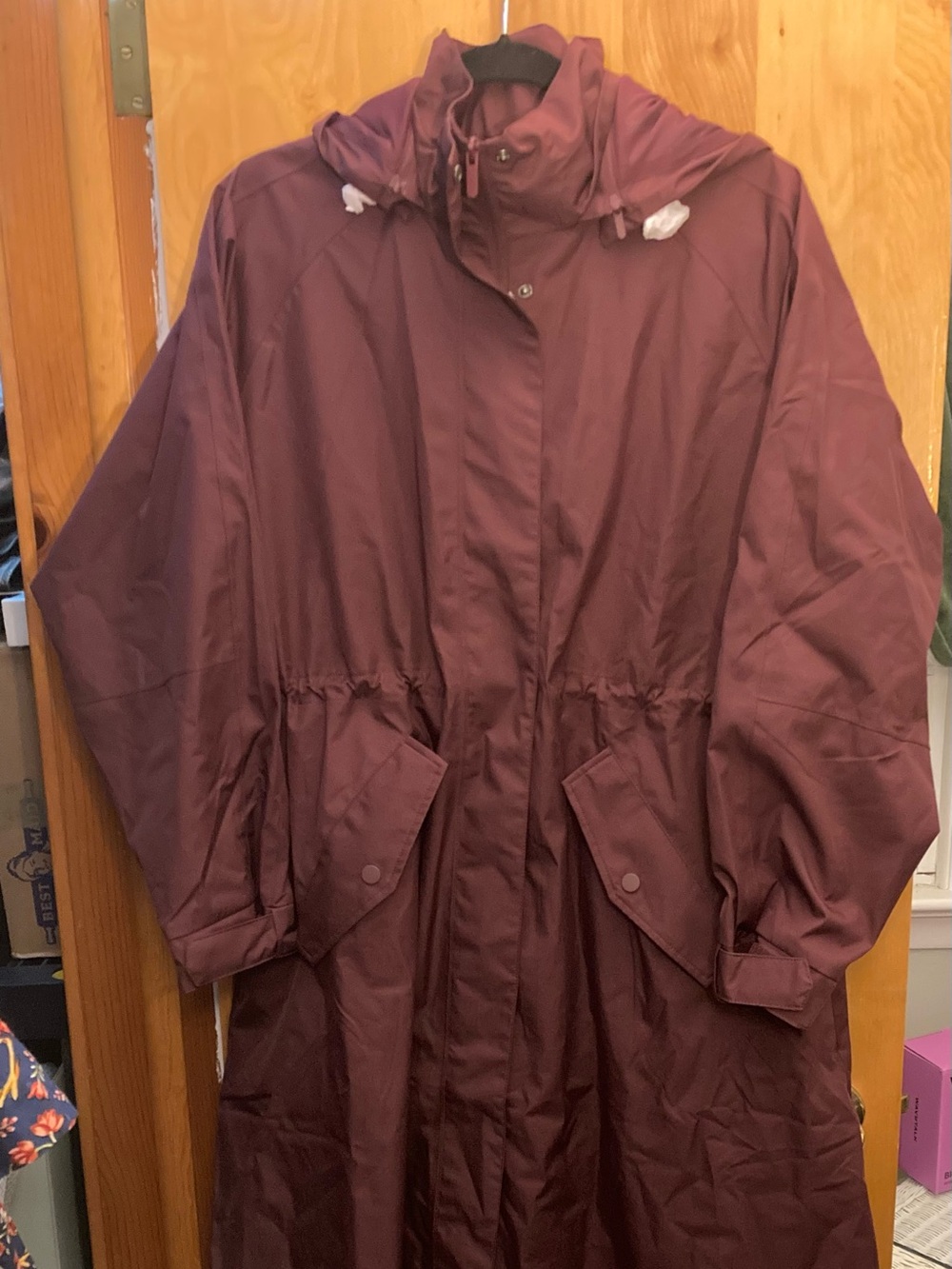 Quince Long Hooded Raincoat in Burgundy